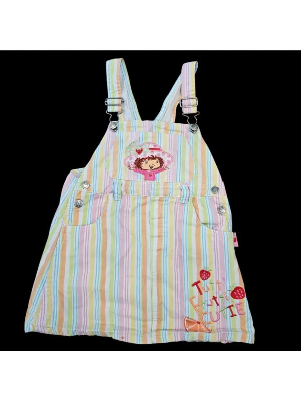 Y2K Vtg Strawberry‎ Shortcake Bib Overall Dress Denim Rainbow Striped Sz 5